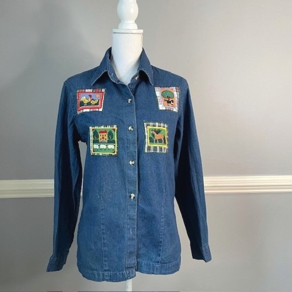 Take Two Clothing Co Denim Shirt Jacket Patchwork M Teacher Academic Nerdy Girl